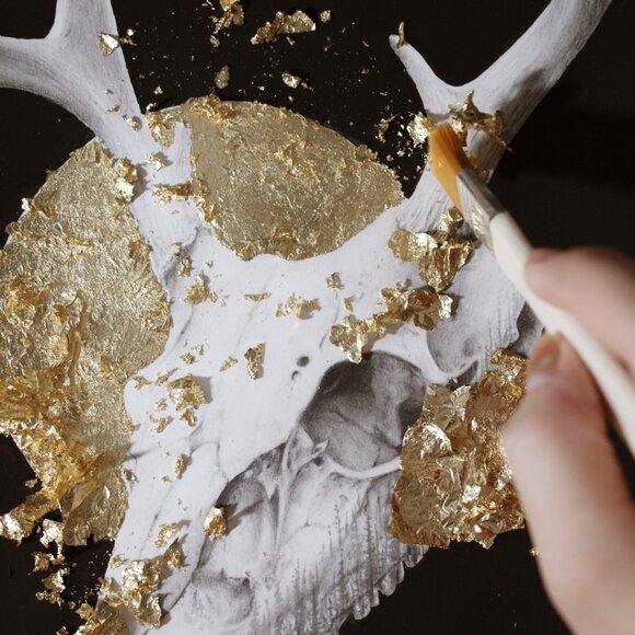 Deer Skull Fine Art Print Gold Leaf Embellished Original Artwork Wall Decor Gift - Picture 3 of 3